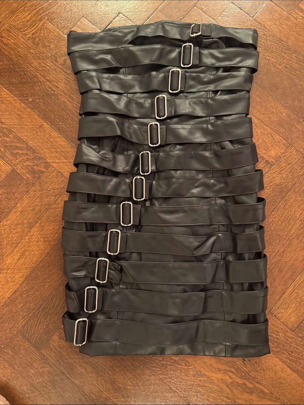Black Strap-Band Faux Leather Mini Dress with Buckle Detail
